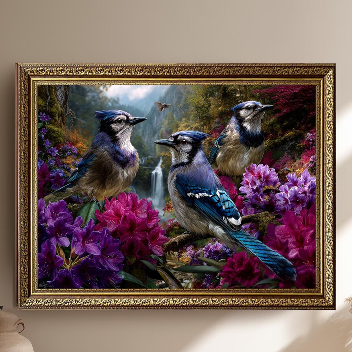 Blue Jays in Purple Blossom Garden Bird Wildlife Painting Wall Art