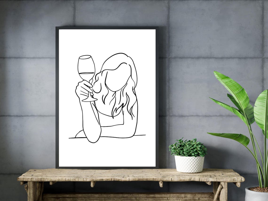 Chic Woman Holding Wine Glass Minimalist Line Art Kitchen Poster - Image 3