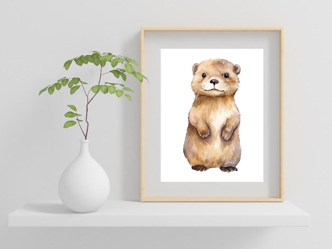 Adorable Baby Otter Watercolor Painting Nursery Animal Wall Art - Image 2