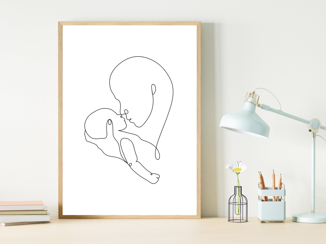 Mother Kissing Newborn Baby Tender One Line Drawing Motherhood Poster - Image 3