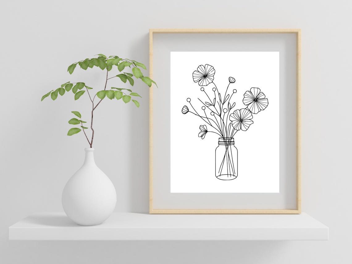 Wildflowers In Mason Jar Minimalist Botanical Line Art Poster - Image 2
