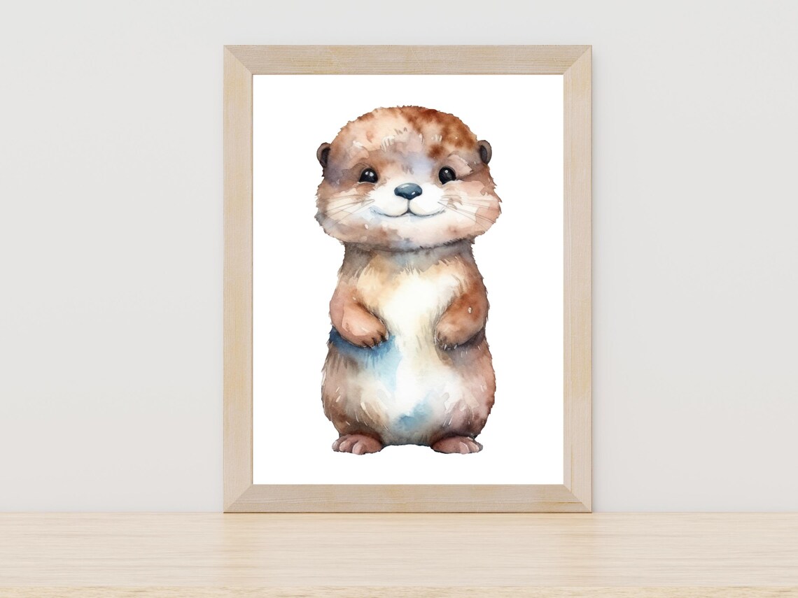 Baby Otter Watercolor Cute Woodland Nursery Animal Art Poster