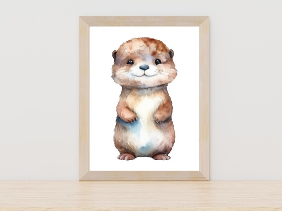 Baby Otter Watercolor Cute Woodland Nursery Animal Art Poster