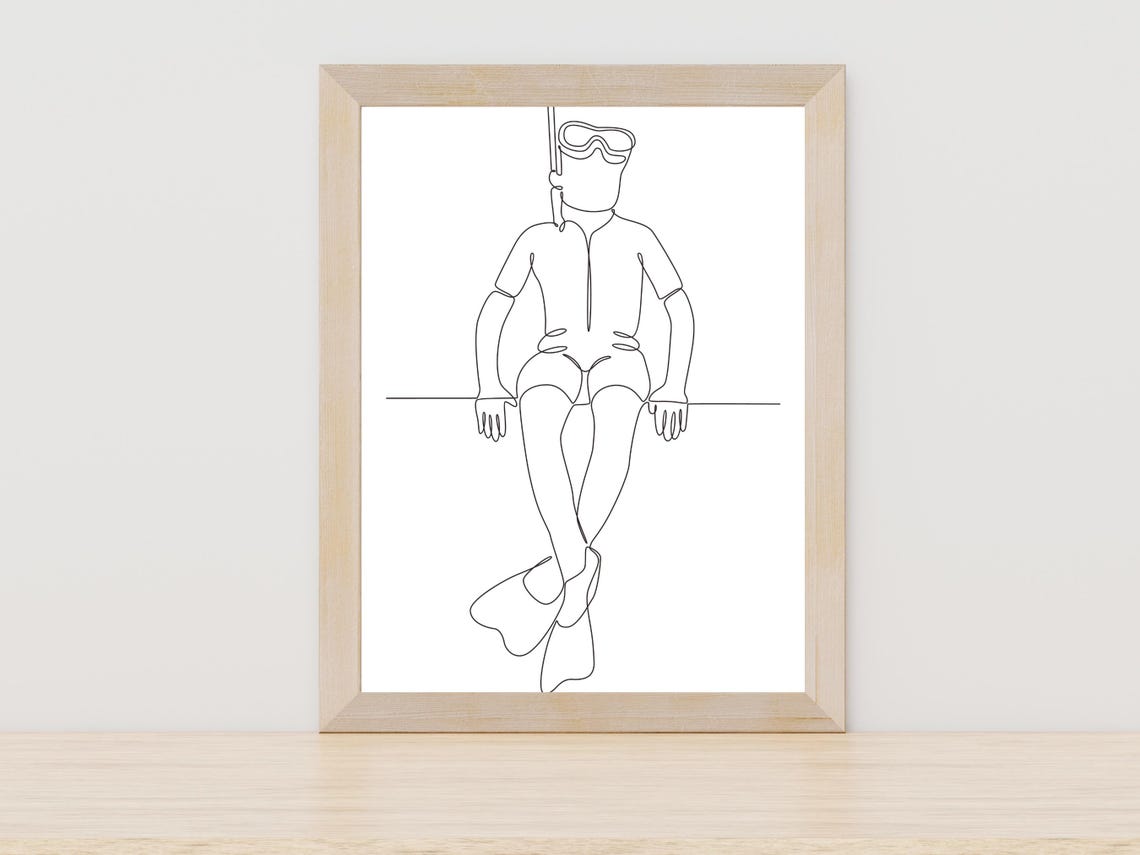 Scuba Diver Boat Edge Line Art Diving Gear Minimal Ocean Poster