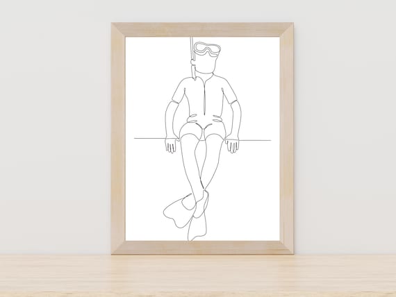 Scuba Diver Boat Edge Line Art Diving Gear Minimal Ocean Poster