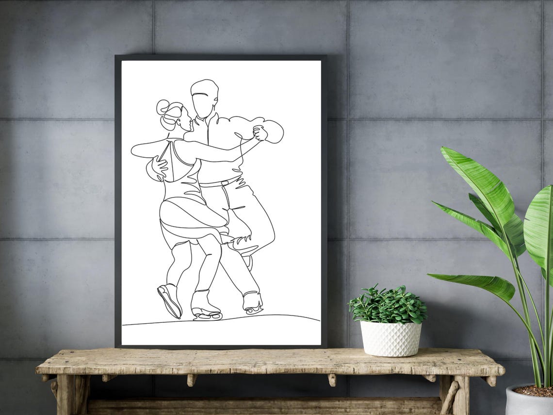 Ice Dancing Couple Embrace Elegant Minimalist Line Art Sport Poster - Image 3