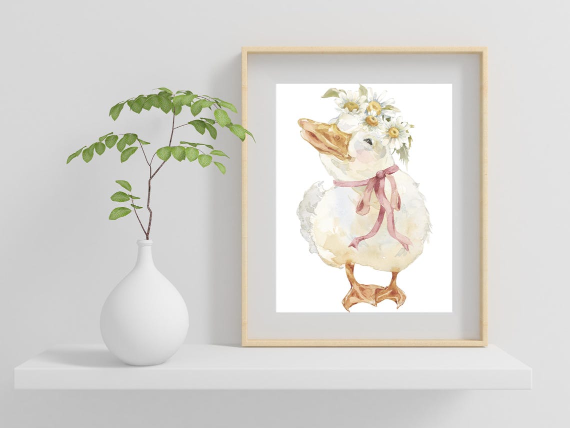 Baby Duck Watercolor Nursery Print Floral Daisy Crown Animal Decor - Image 2