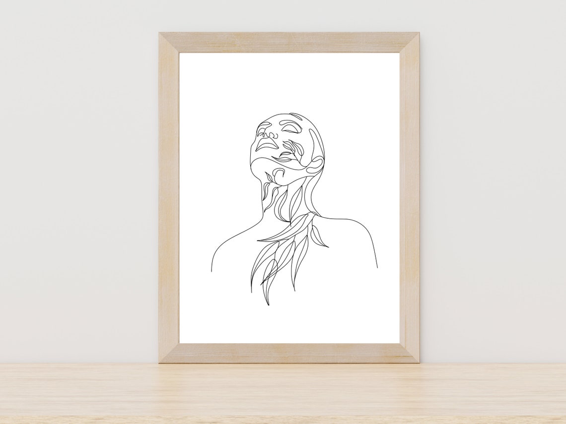 Woman With Leaves Minimalist Line Art Abstract Female Face Poster