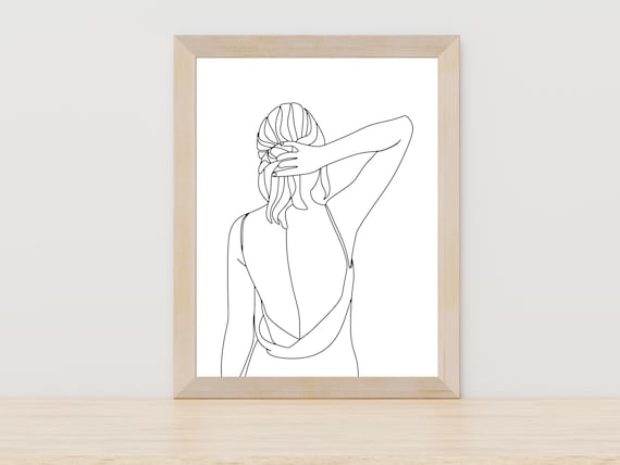 Elegant Woman from Behind in Open Back Dress Single Line Art Poster