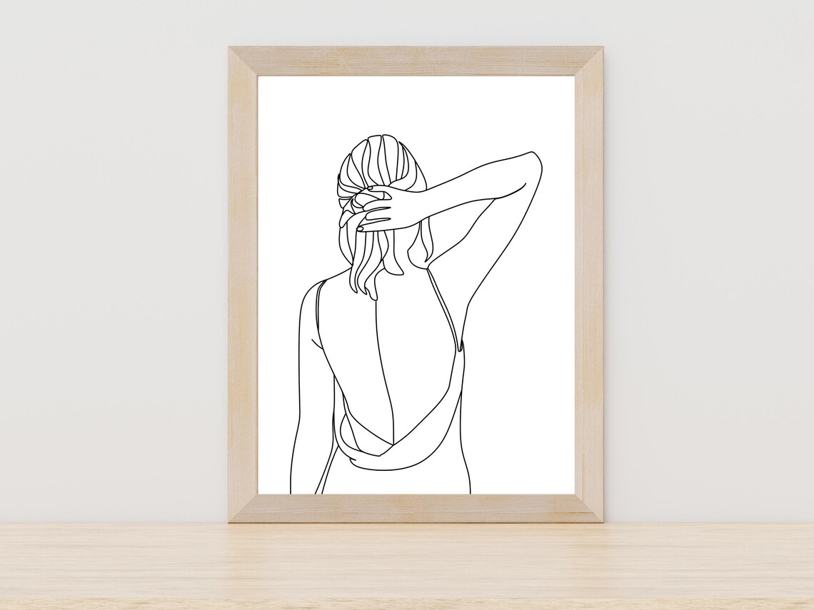 Elegant Woman from Behind in Open Back Dress Single Line Art Poster