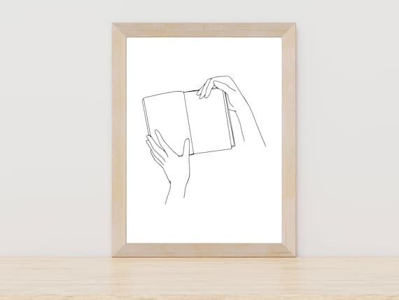 Hands Holding Open Book One Line Art Reader Gift Decor Wall Art