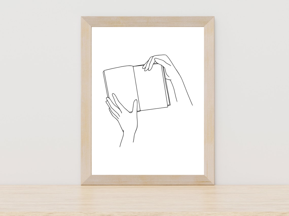 Hands Holding Open Book One Line Art Reader Gift Decor Wall Art