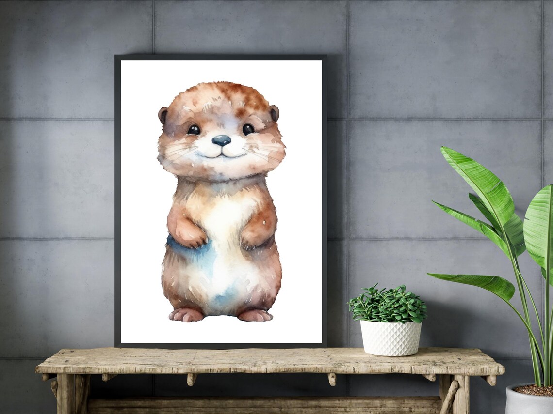 Baby Otter Watercolor Cute Woodland Nursery Animal Art Poster - Image 3