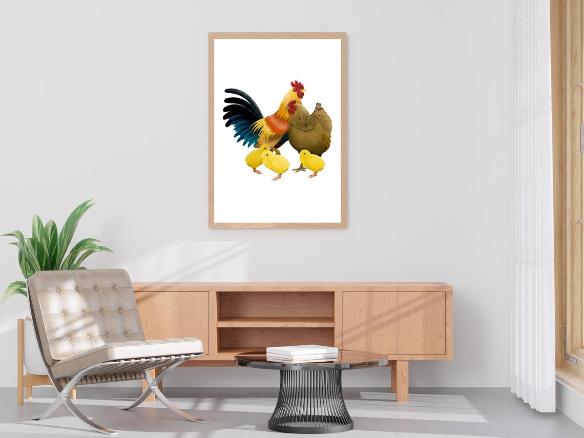 Rooster Hen And Chicks Watercolor Painting Farm Birds Wall Poster - Image 4