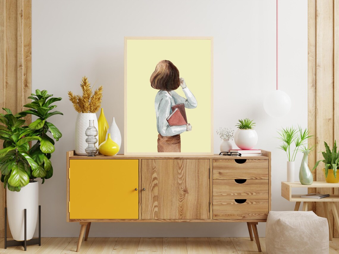 Watercolor Woman With Book Back View Soft Yellow Backdrop Poster - Image 4
