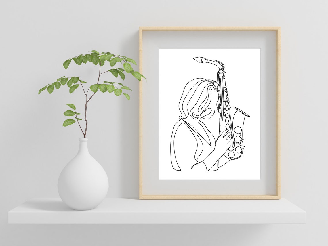 Woman Playing Saxophone Elegant Jazz Musician Line Art Print - Image 2