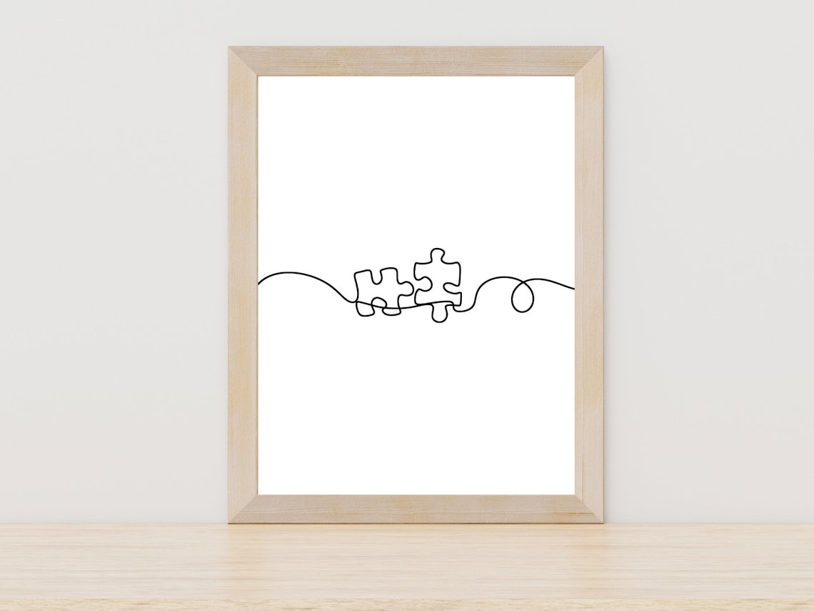 Two Connected Puzzle Pieces on a Thread Minimalist Line Art Poster