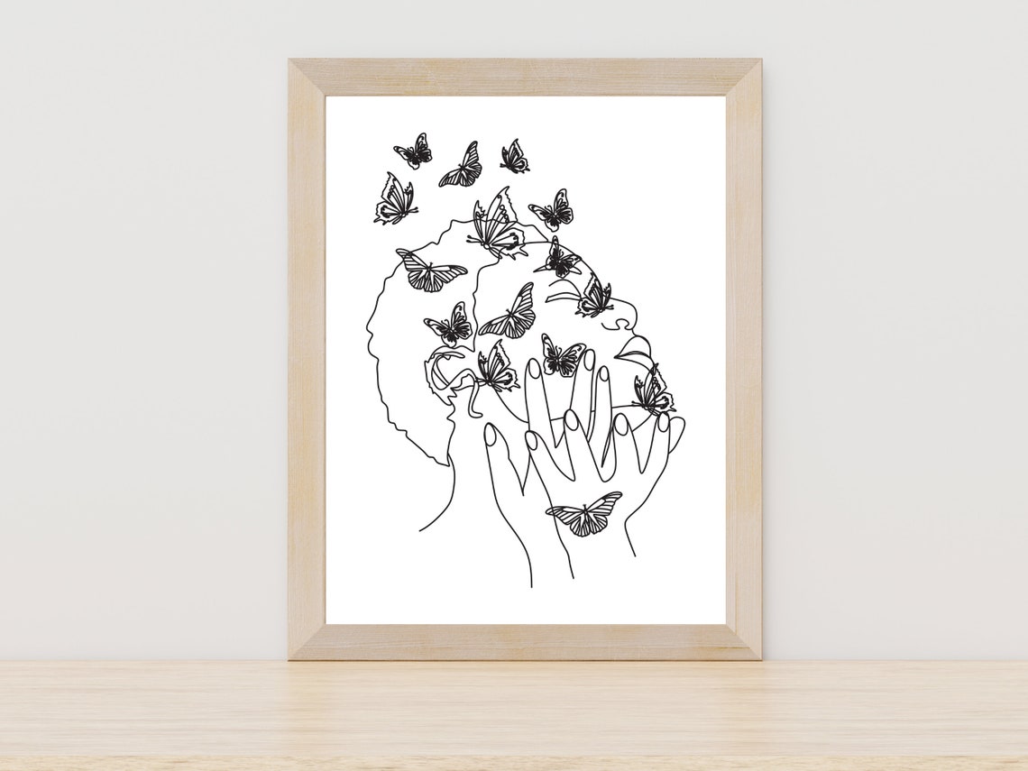 Beautiful Woman With Butterflies Minimalist Line Drawing Print
