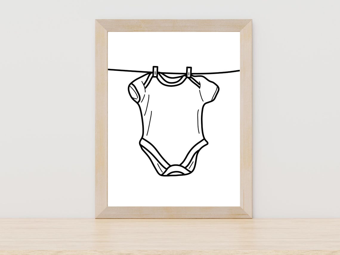 Baby Onesie On Clothesline Line Art Nursery Wall Decor Minimal Poster