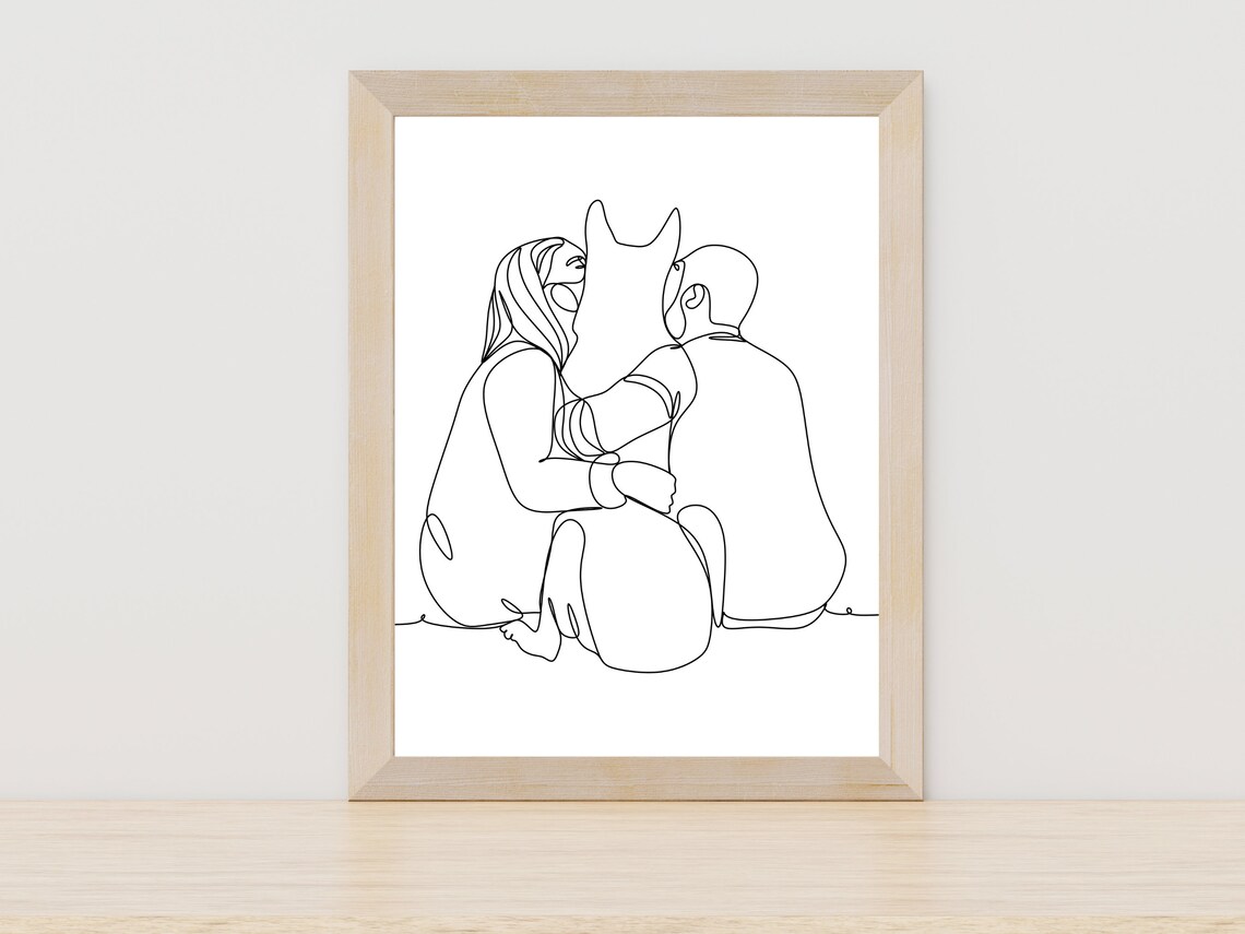 Couple with Dog Single Line Art Minimalist Pet Owner Family Poster