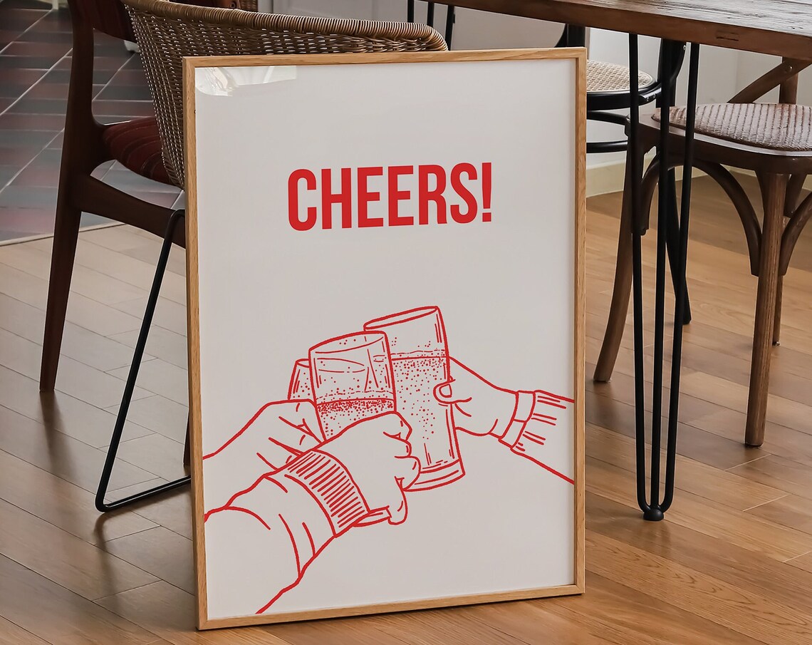 Cheers Red Line Art Beer Glasses Clinking Toast Home Bar Poster