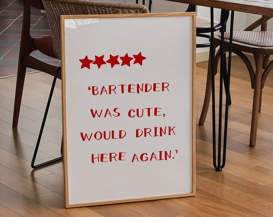 Bartender Was Cute Five Star Review Funny Red Typography Bar Poster - Image 4