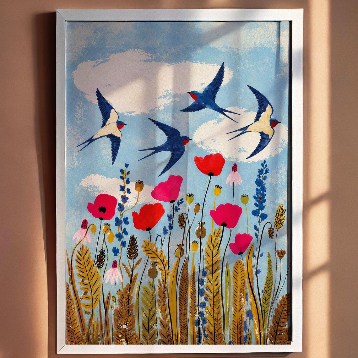 Blue Swallows Over Wildflower Meadow Vintage Japanese Art Print