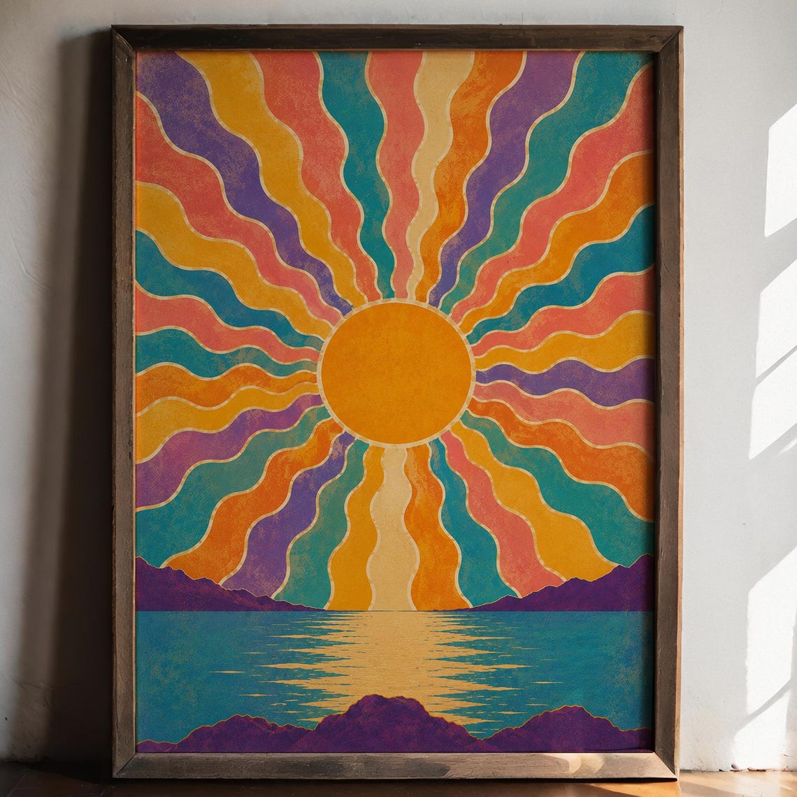 Retro Psychedelic Sunburst Over Purple Mountains and Teal Lake Poster