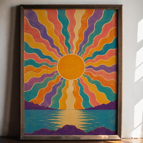 Retro Psychedelic Sunburst Over Purple Mountains and Teal Lake Poster