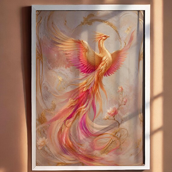 Golden Phoenix Blush Florals Elegant Mythical Bird Art Nouveau Poster