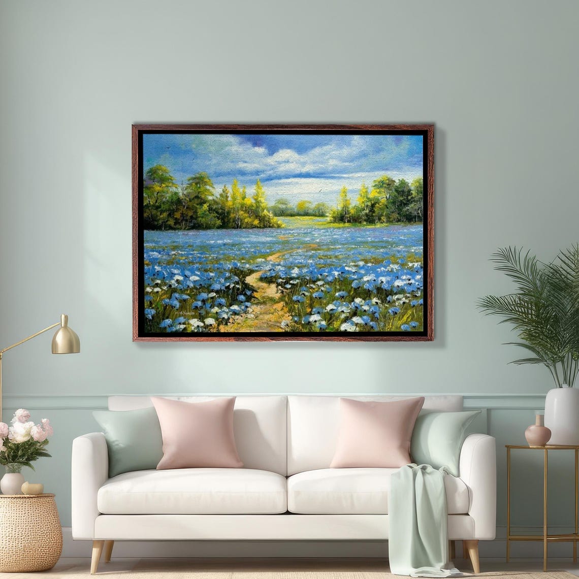 Blue Wildflower Meadow with Winding Path Impressionist Poster