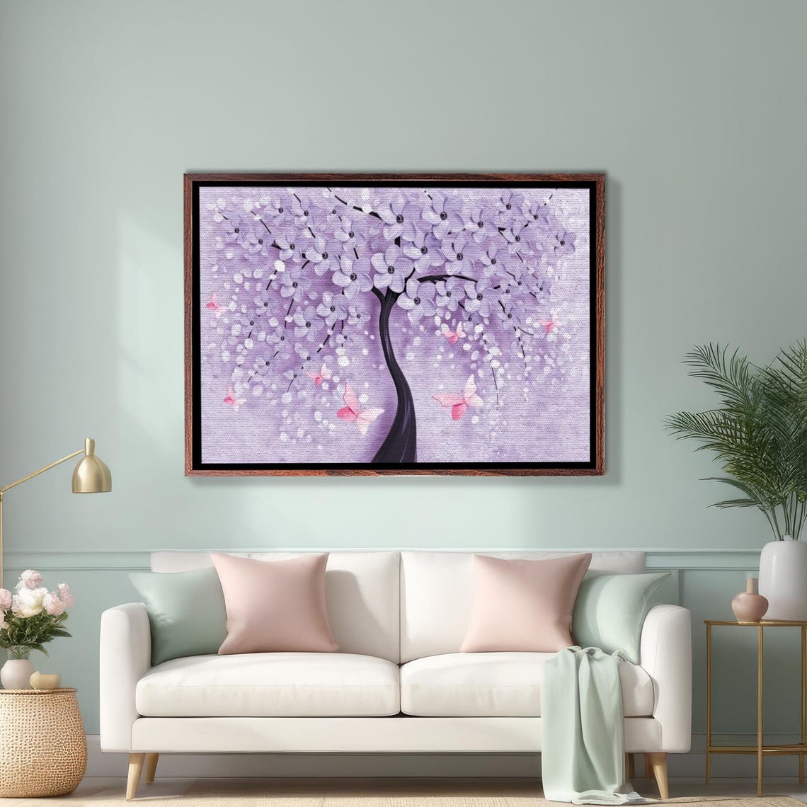 Blue Cherry Blossom Tree With Pink Butterflies Floral Art Poster