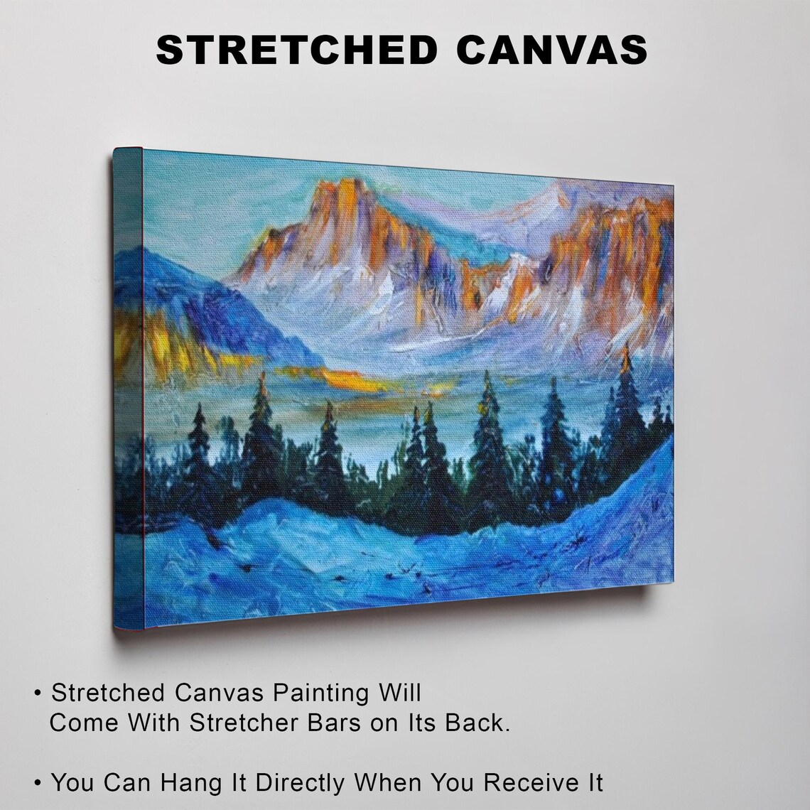 Snow Covered Mountain Forest at Sunrise in Bold Color Painting Poster - Image 3