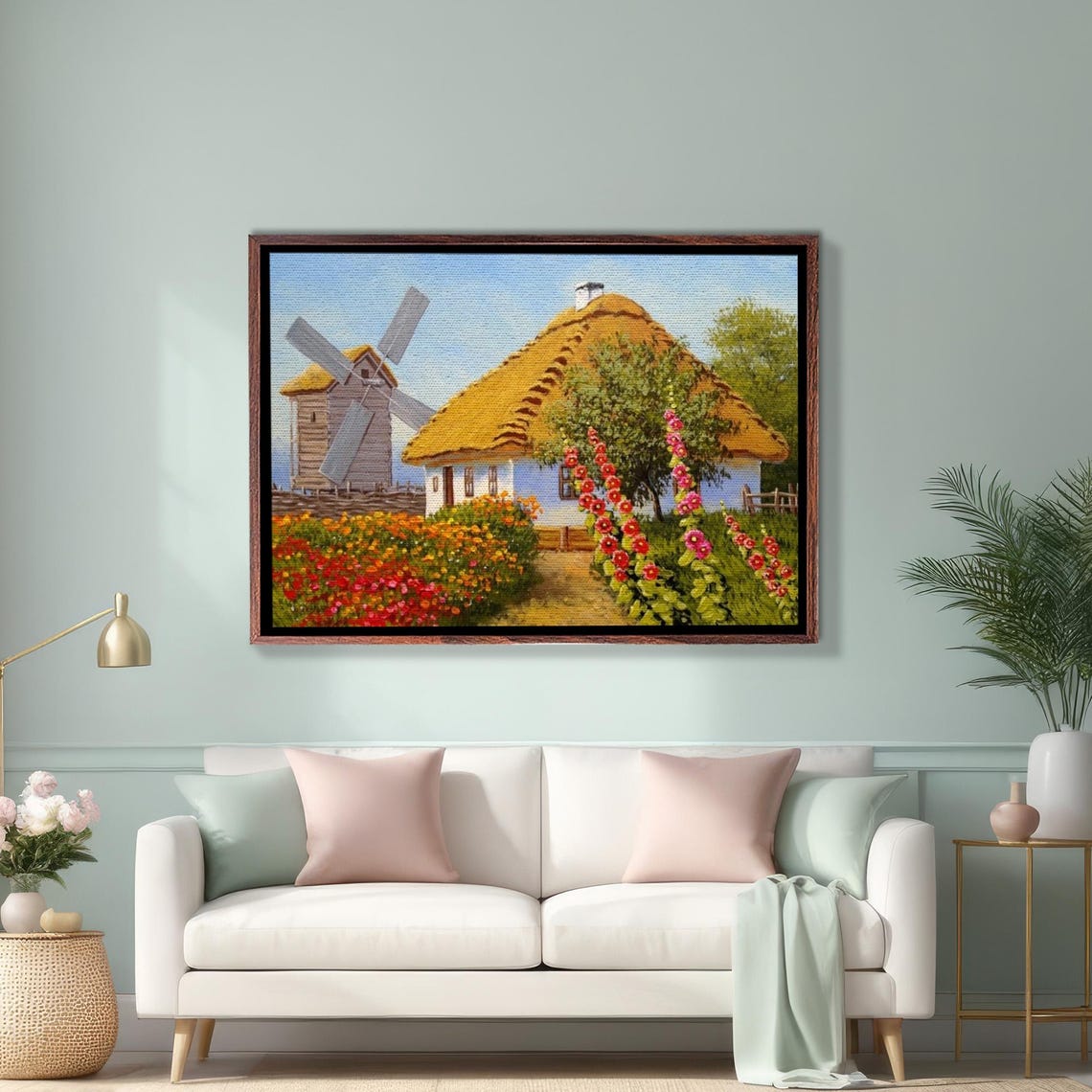 Thatched Cottage Old Windmill Hollyhock Garden Country Poster