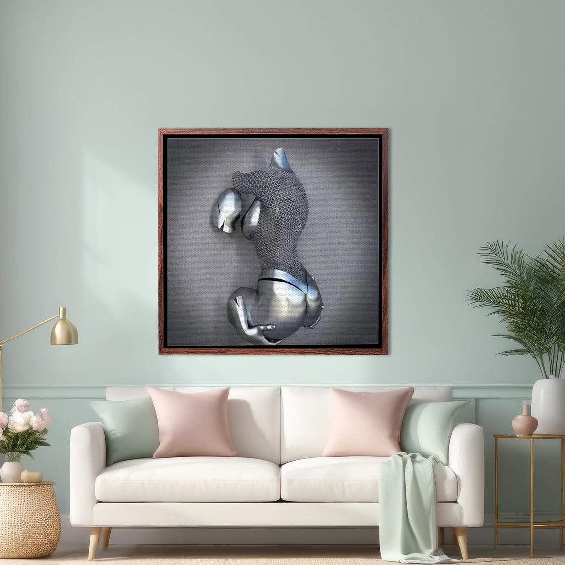 Chrome Robot Figure Twisted in a Surreal Metallic Pose Poster
