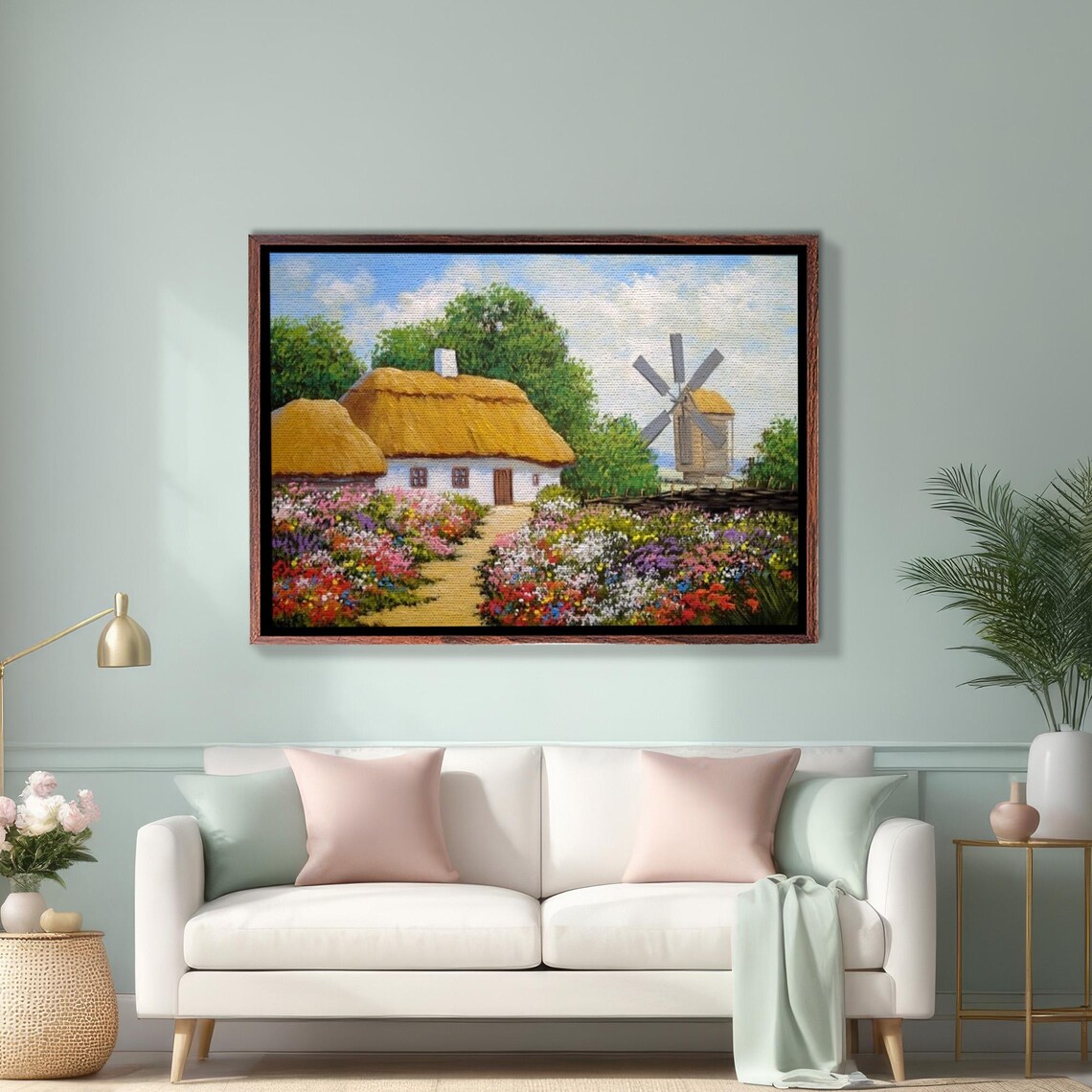 Thatched Cottage With Windmill And Flower Garden Painting Poster