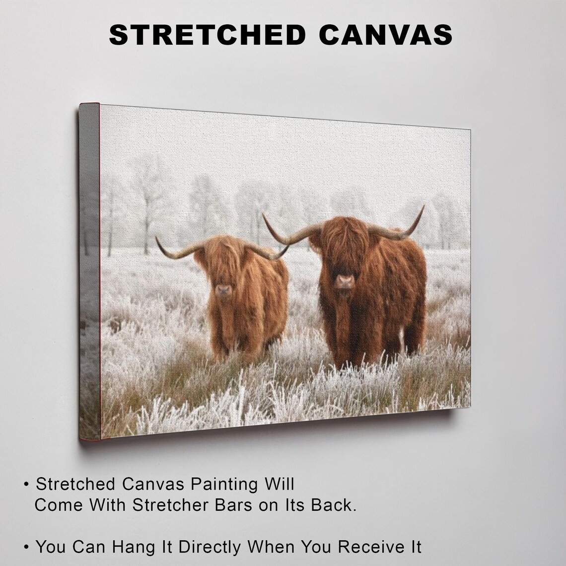 Two Highland Cows In Frosty Winter Field Morning Painting Poster - Image 3