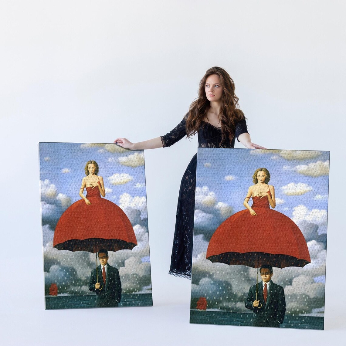 Woman in Red Dress Under Giant Umbrella Surreal Painting Poster - Image 5