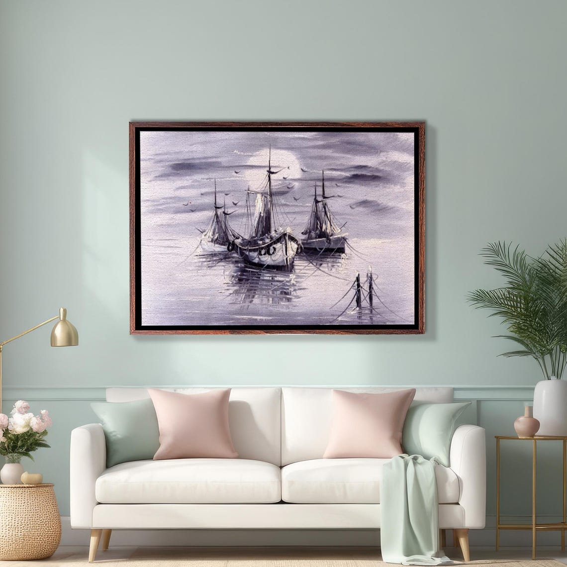 Venice Harbor Tall Ships Monochrome Ink Painting Scene Poster