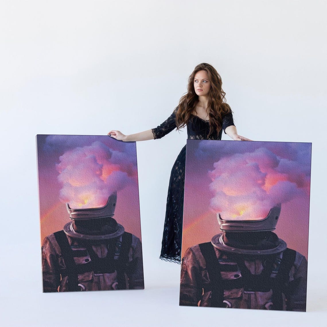 Astronaut With Burning Brain In Open Helmet Fiery Sunset Poster - Image 5