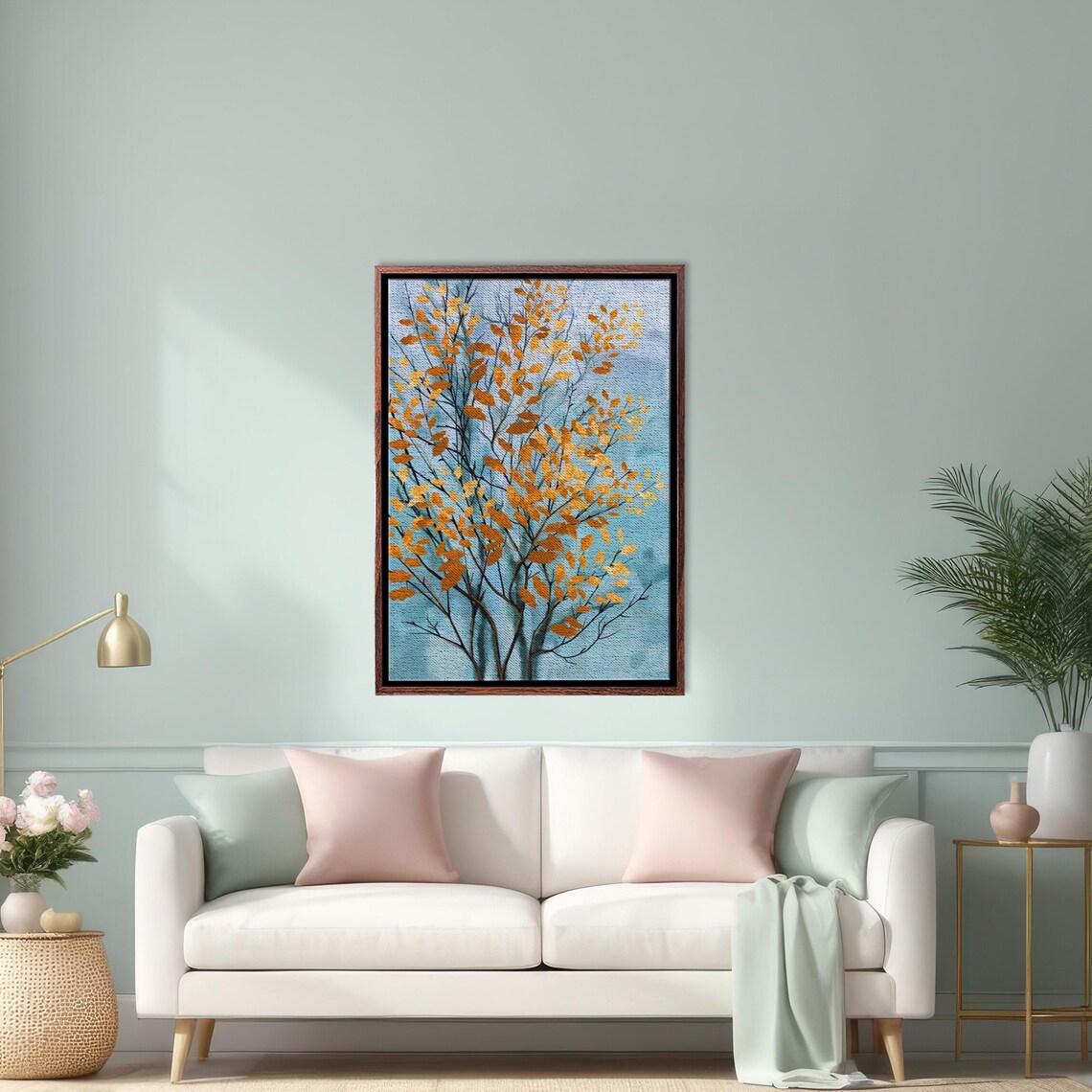 Golden Orange Autumn Leaves Tree on Pale Blue Sky Canvas Poster