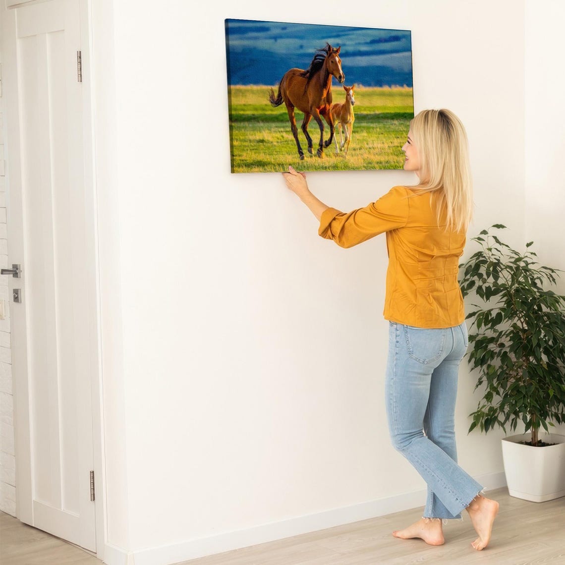 Chestnut Mare And Foal Galloping Across Sunny Green Pasture Poster - Image 5