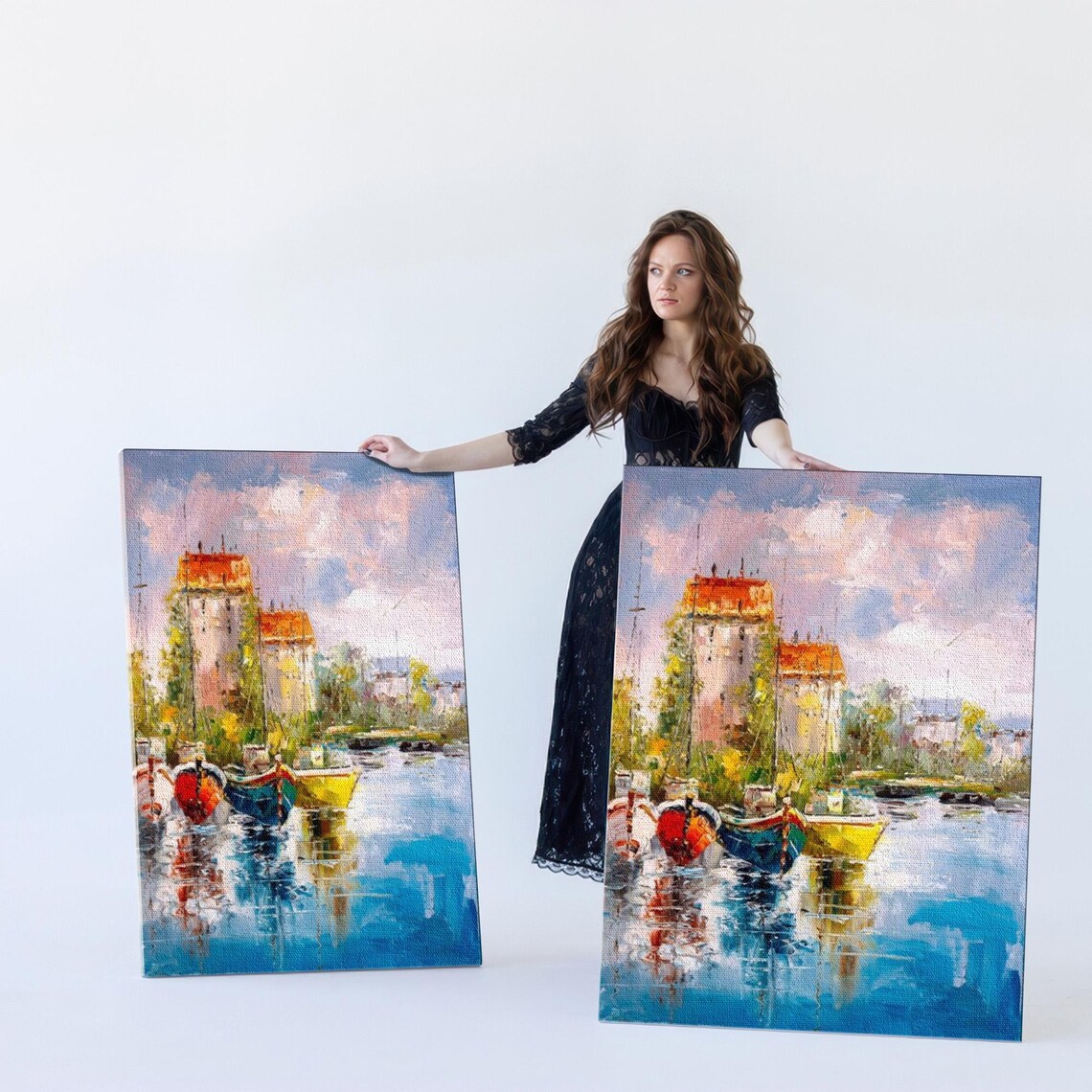 Colorful Boats In A Sunlit Harbor Oil Painting Style Landscape Poster - Image 5
