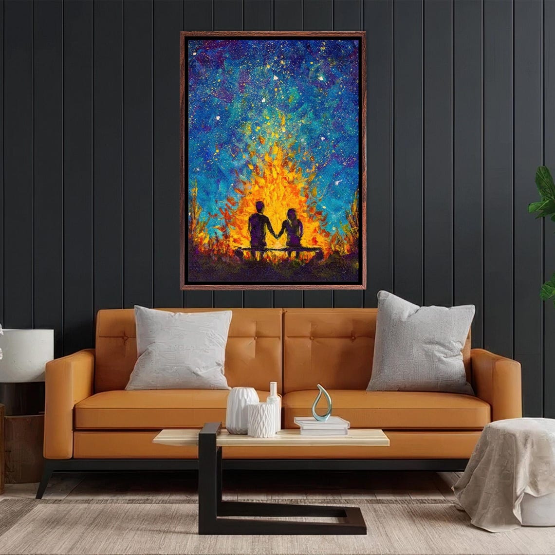 Couple Silhouette By Bonfire Under Starry Night Sky Painting Poster - Image 2