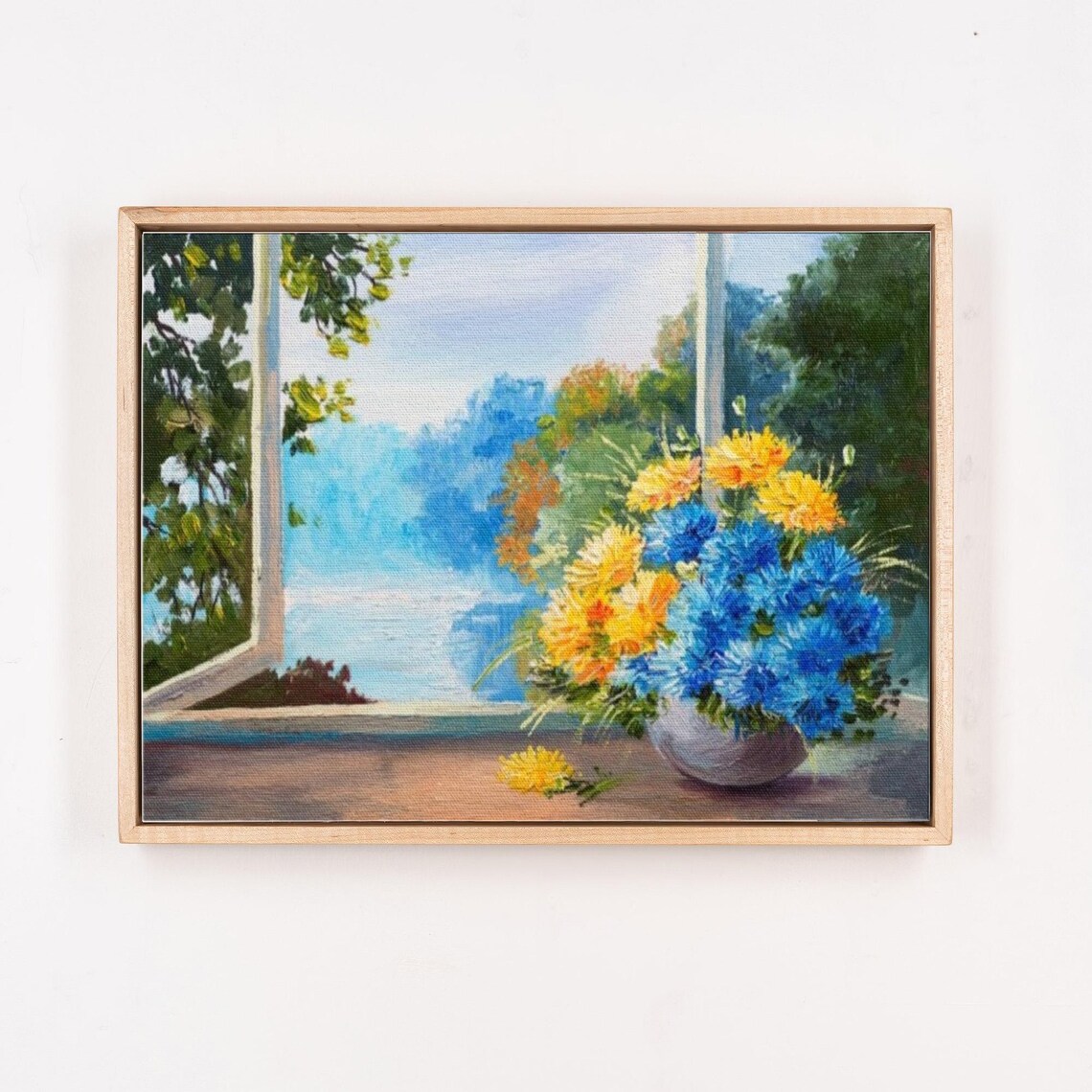 Colorful Cornflower Bouquet on Windowsill Overlooking Sea Poster - Image 4