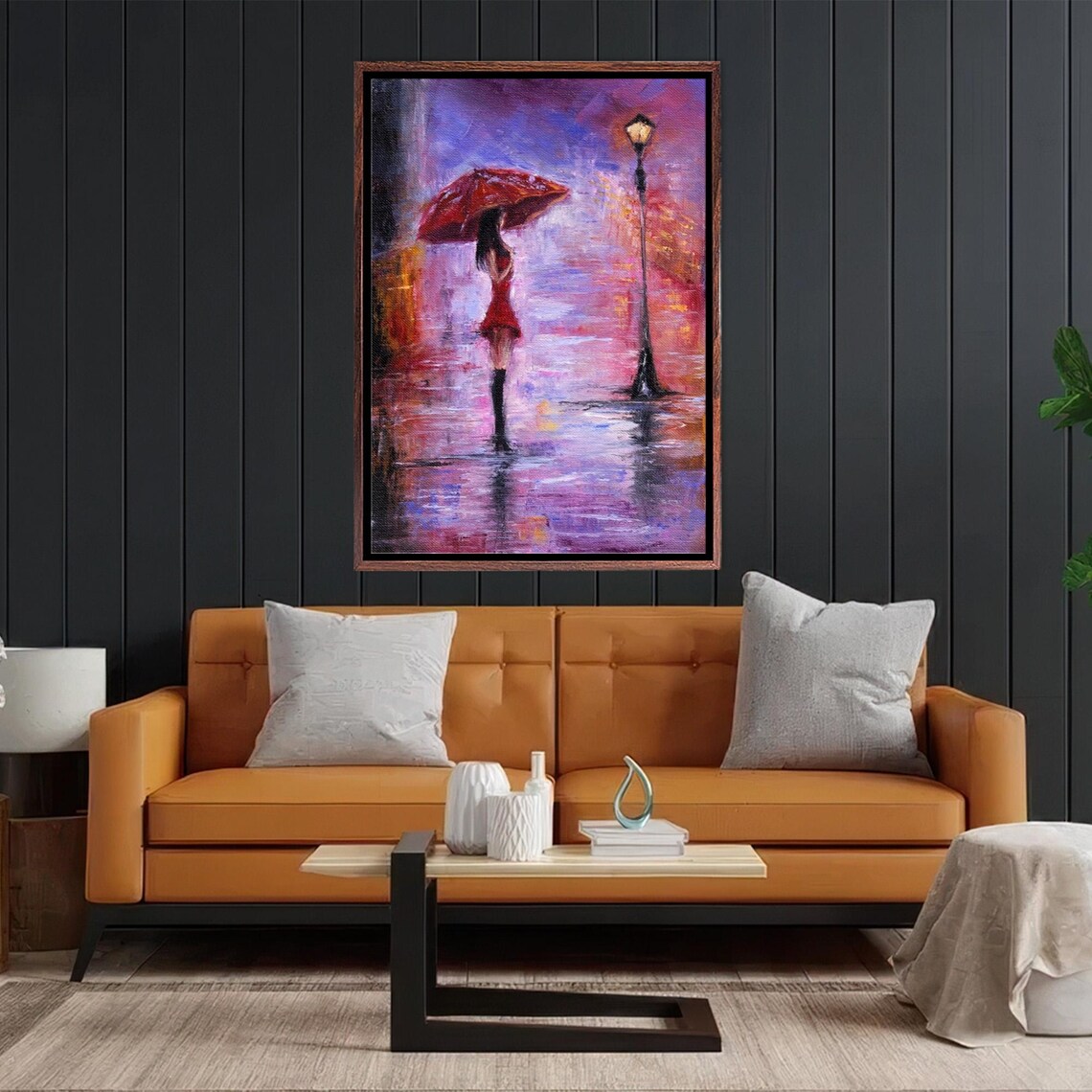Woman With Red Umbrella Under Lamp on Rainy Night Street Poster - Image 2