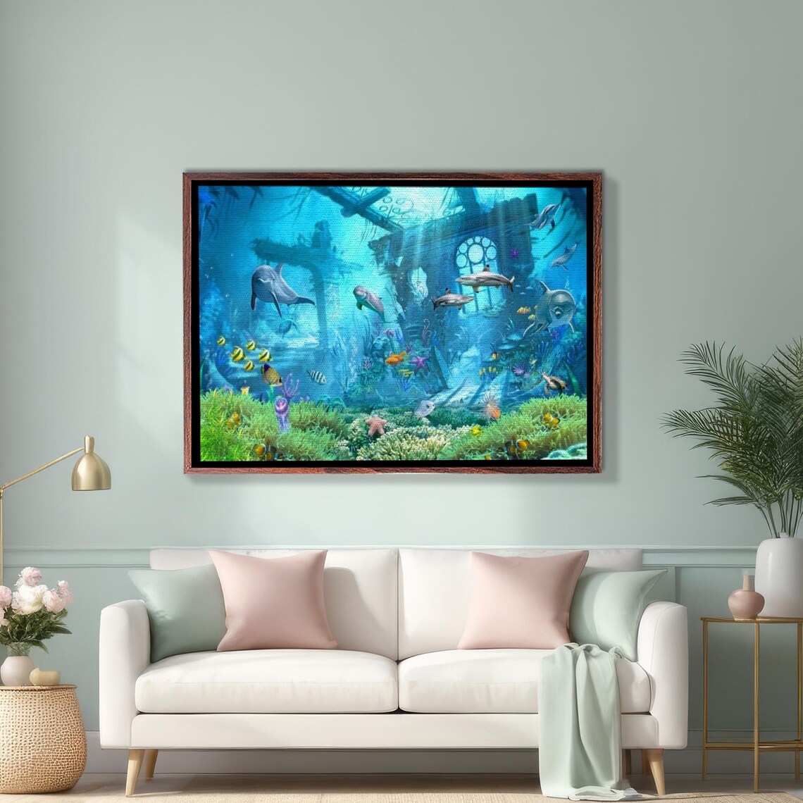 Dolphins Swimming Through Sunken Ancient Ruins Painting Poster