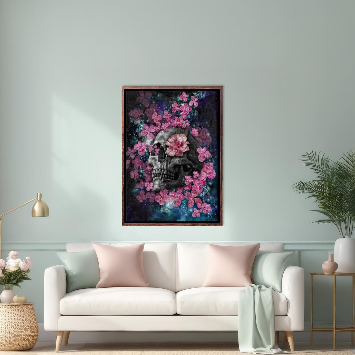 Dark Floral Skull With Pink Blossoms Gothic Botanical Poster