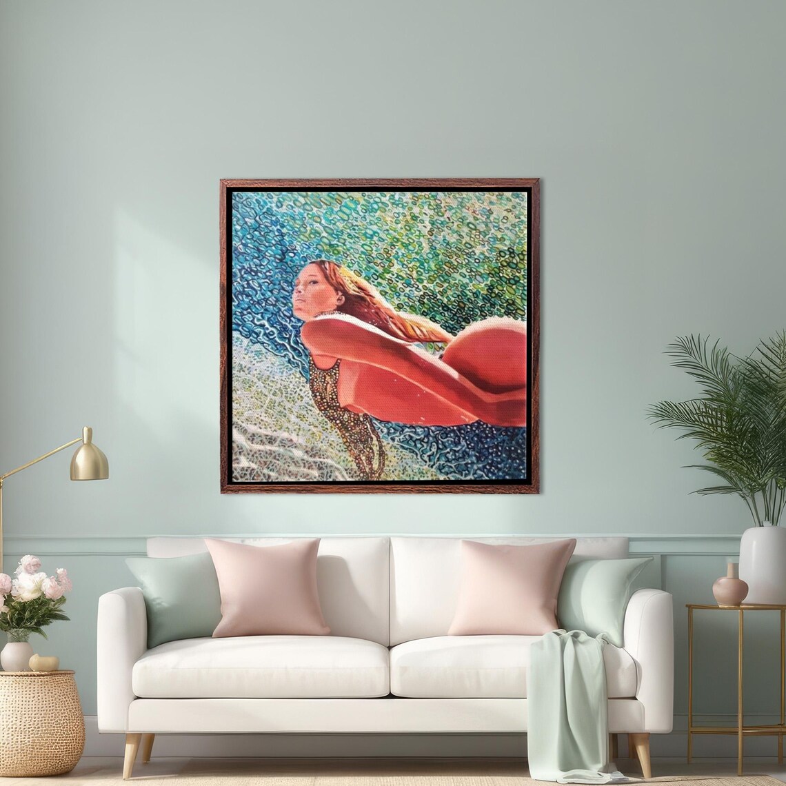 Woman Swimming Underwater in Mosaic Turquoise Ocean Art Poster
