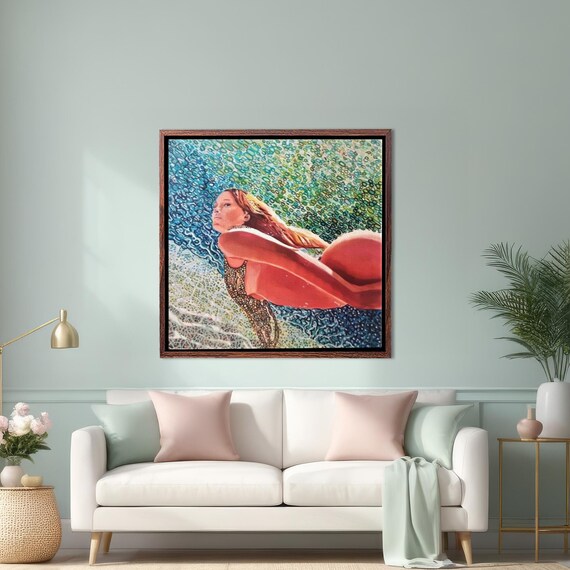 Woman Swimming Underwater in Mosaic Turquoise Ocean Art Poster